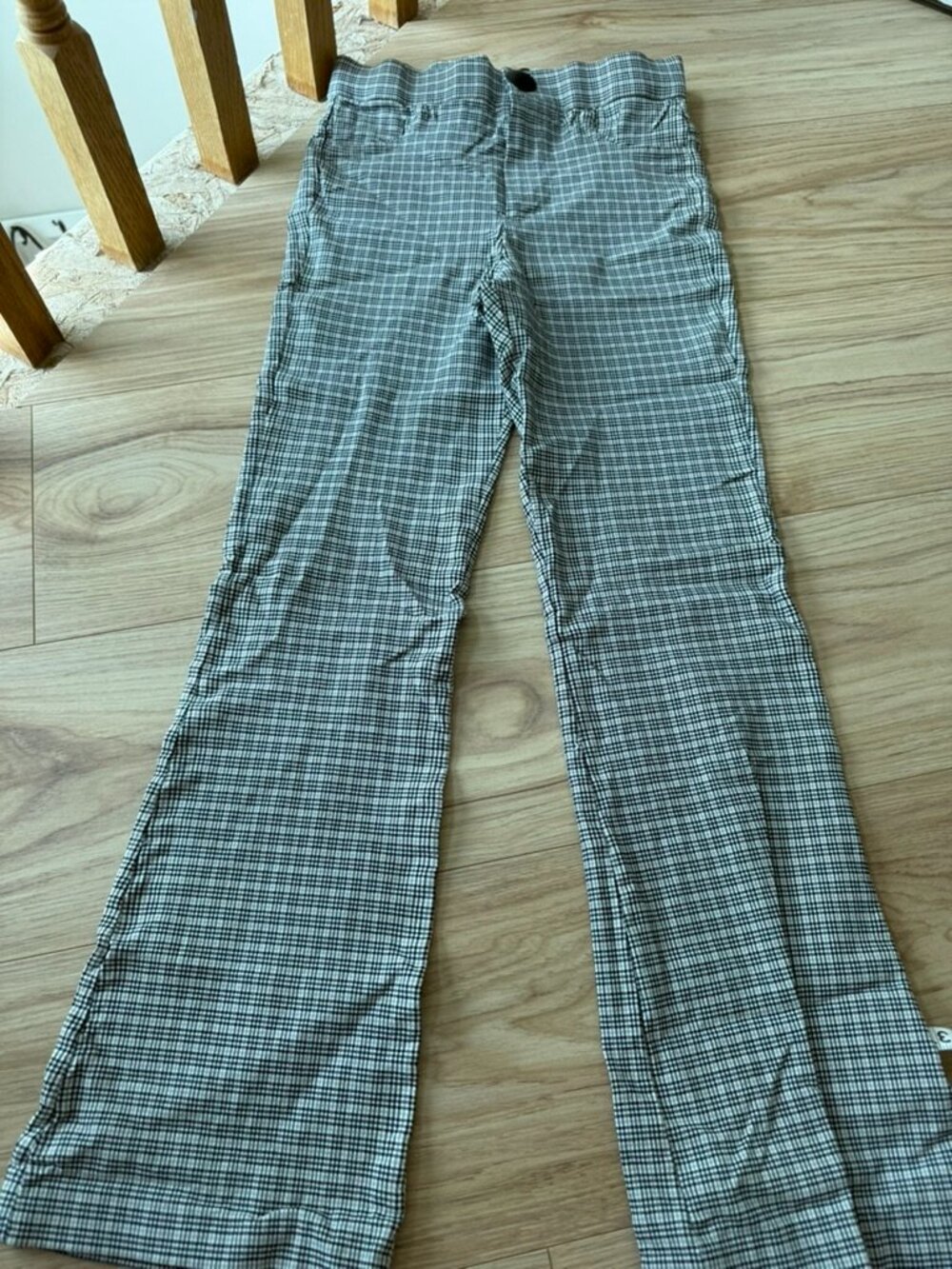 Zara Plaid Wide Leg Pants Size M Black White High Rise Stretch Casual